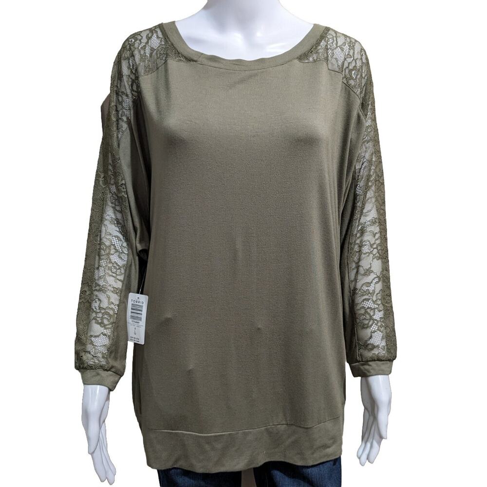 Torrid Super Soft Knits Lace Inset Dolman Sleeve Top Olive Green Size 0 12 L NWT
